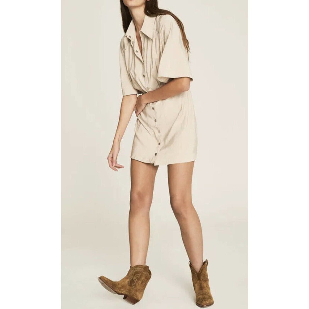 Bash Cara Shirt Dress Gathered Sateen Beige Size 1/US 6 Snap Button Short Dress